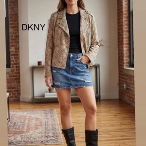 DKNY Beige Snake-Print Leather Moto Jacket